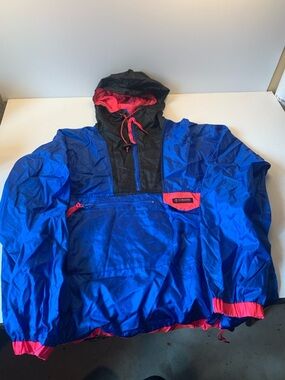 VintageColumbia Royal Blue Windbreaker Pullover with Black Hood and Pink Accents